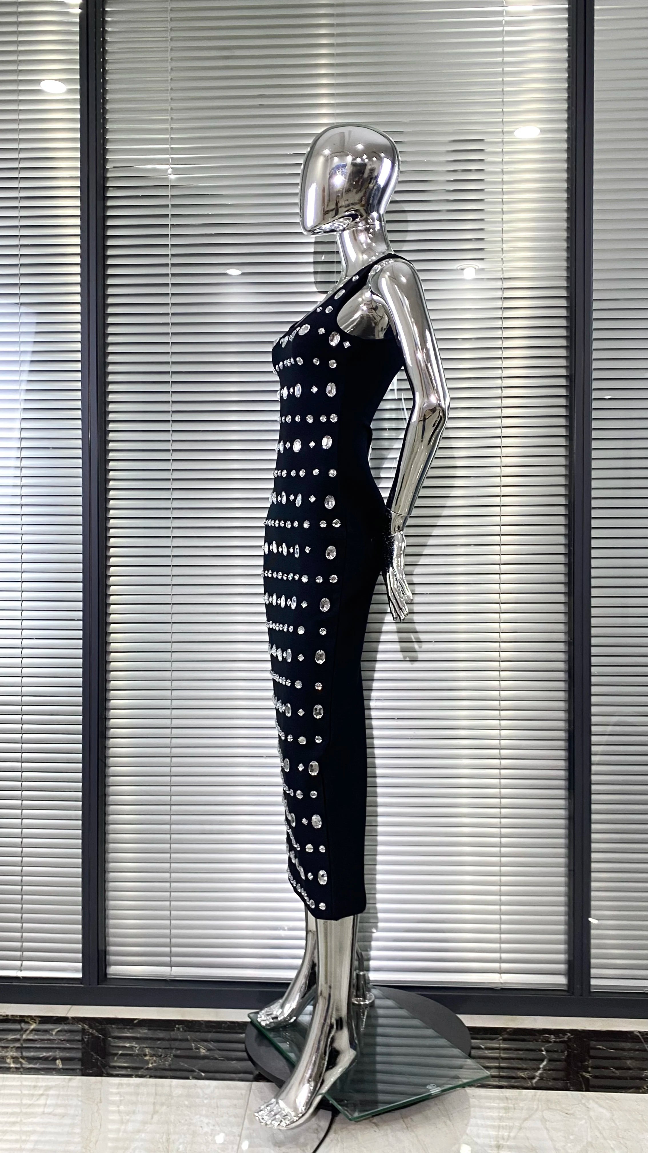 Sparkling Diamonds Sleeveless Package Black Bandage Ankle Length Dress Woman evening Party Dress Celebrity Birthday Party Outfit