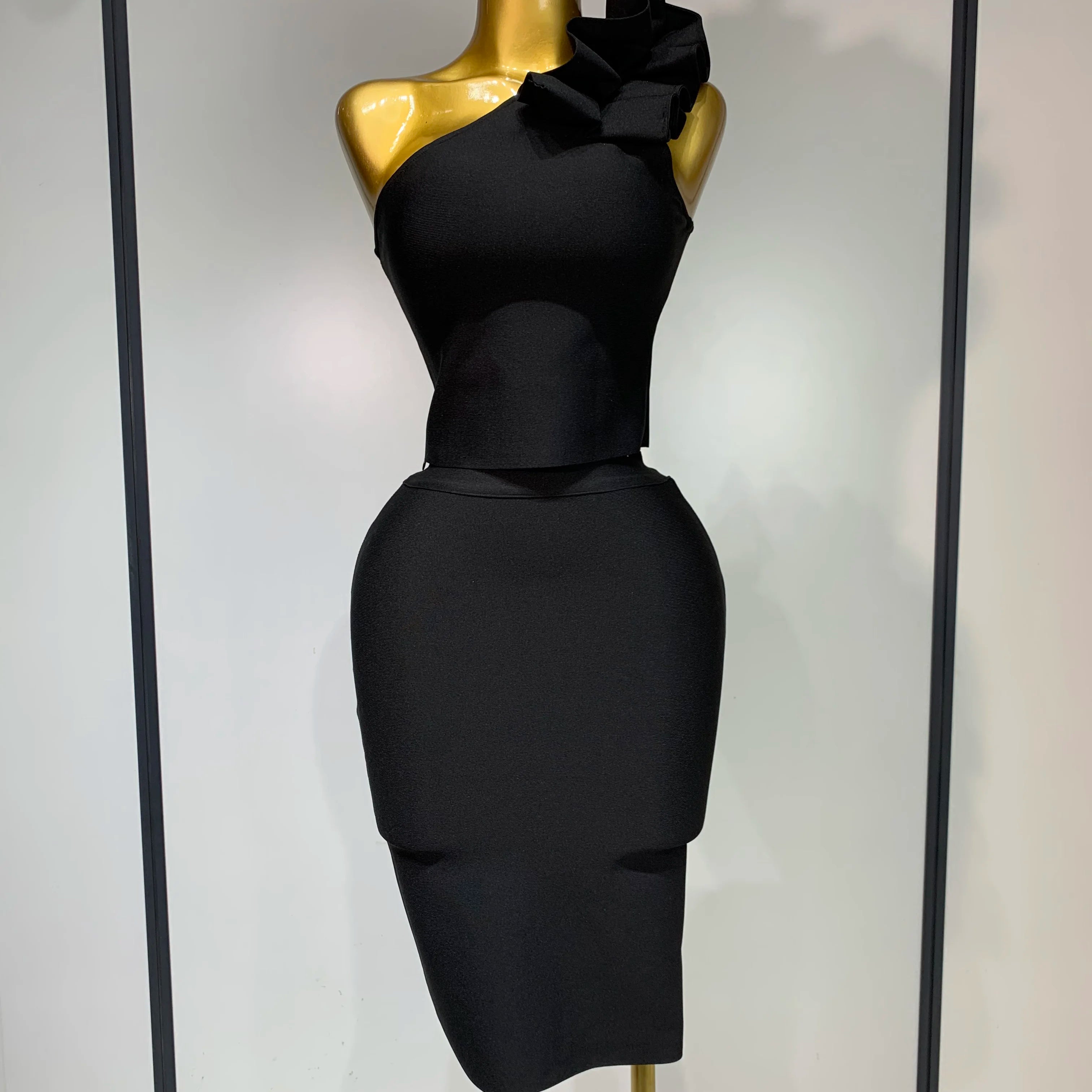 Women Sexy Sleeveless Ruffles One Shoulder Bandage Two Piece Set Fancy Club Evening Celebrity Elegant Party Bodycon Vestidos black