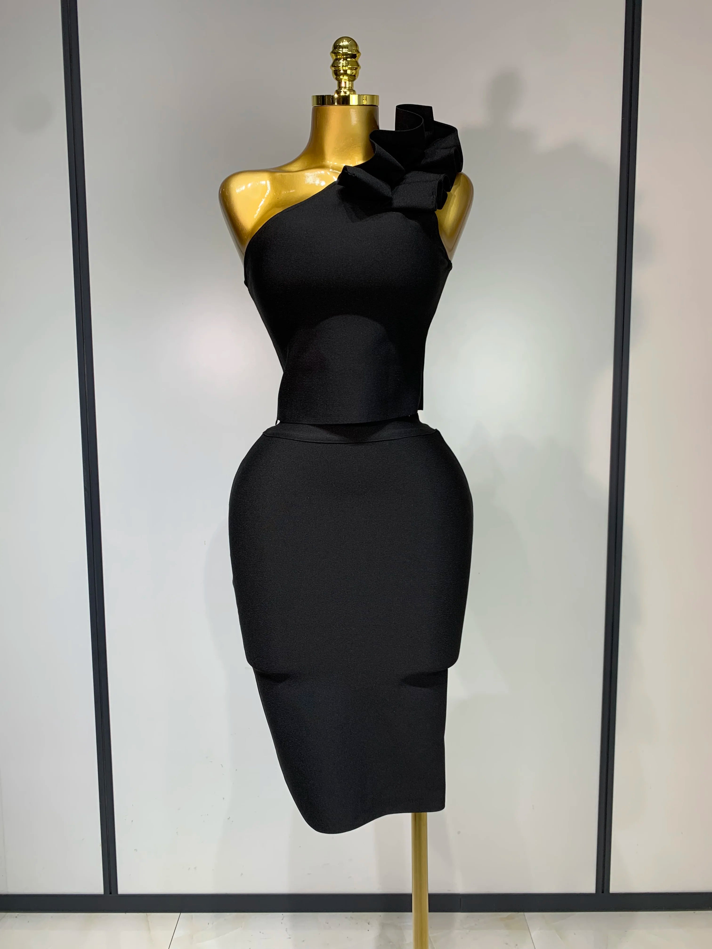 Women Sexy Sleeveless Ruffles One Shoulder Bandage Two Piece Set Fancy Club Evening Celebrity Elegant Party Bodycon Vestidos black