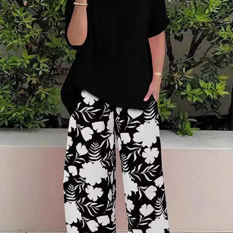 Two Piece Pants Set for Woman Summer Clothing Female Streetwear Casual Loose Tshirt and Print Trouser Plus Size Suit Set