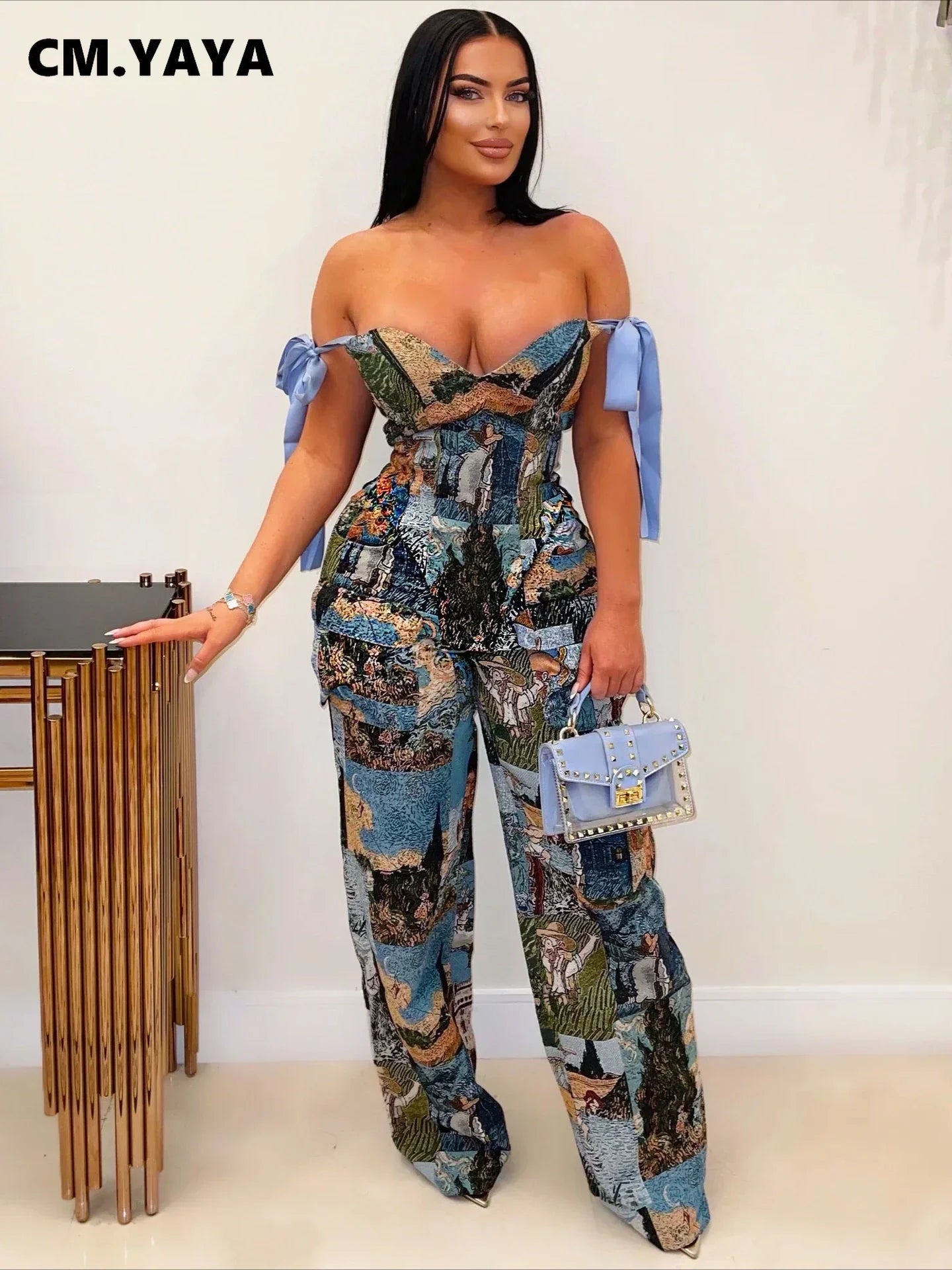 CM.YAYA Oil Painting Printed Women's Set Lace Up Back Crop Top and Pants Suit 2024 Fall Winter Two 2 Piece Sets Outfit Tracksuit