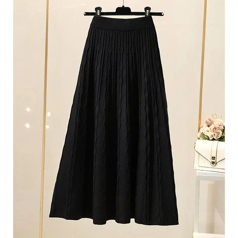 MEXZT Vintage Knitted Midi Skirts Women Black High Waist Sweater Skirt Winter Ladies Korean Slim All Match Chic A Line Faldas black