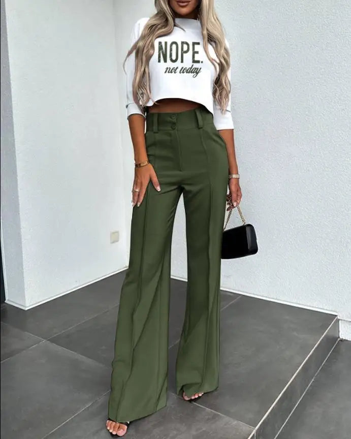 2024New Fashion Women's Elegant Small High Neck Casual Shorts Top Pocket Micro Horn Elegant Pants Set Dark Green