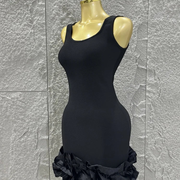 Women Sleeveless Sexy O-Neck Ruffles Bodycon Mini Bandage Dress Celebrate Nightclub Party Bar Singer Outfit