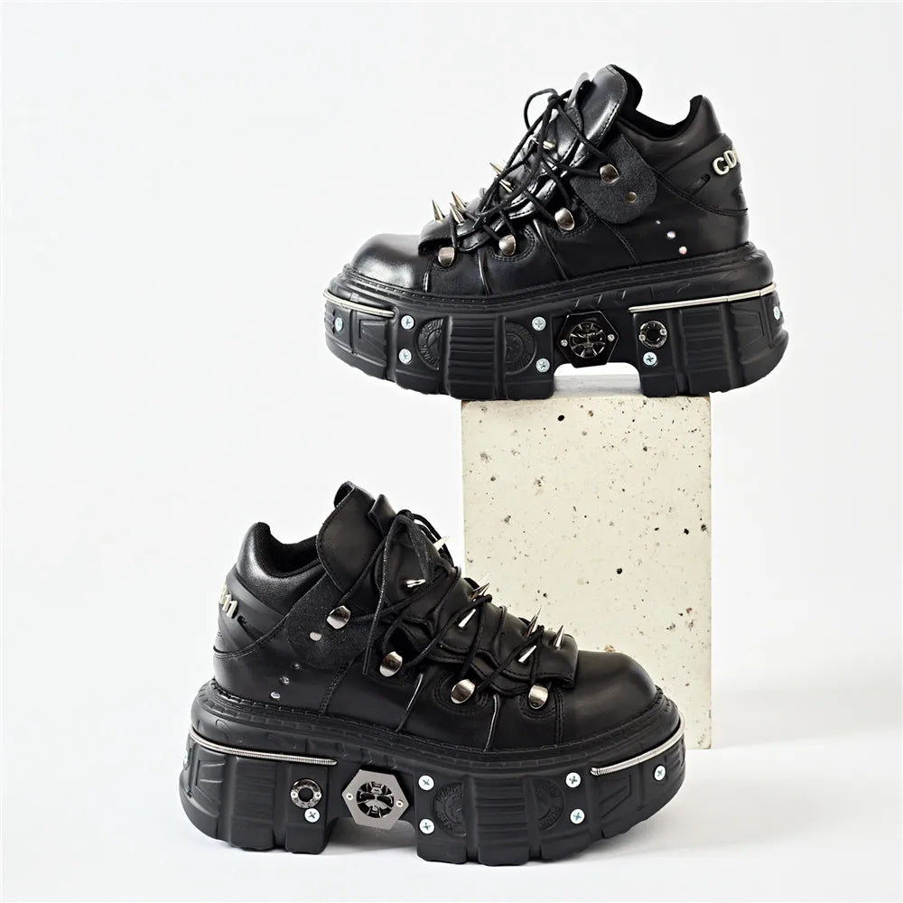 2025 Fashion Women Ankle Boots Woman's Thin Heels Round Toe Lace-Up Metal Decoration Sneakers Ladies Rivet Punk Gothic Rock Shoe