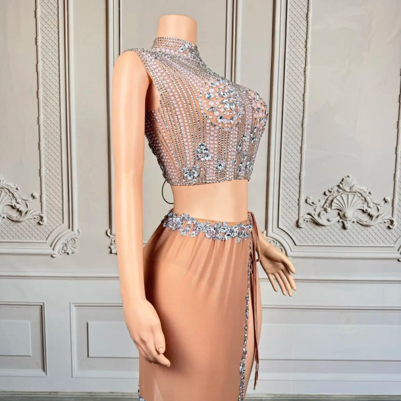 Sparkly Rhinestone Crop Tops Mini Skirt 2Pieces Set Festival Party Mesh Outfit Side Slits Bodysuit Event Dance Sexy Wear Luzhu