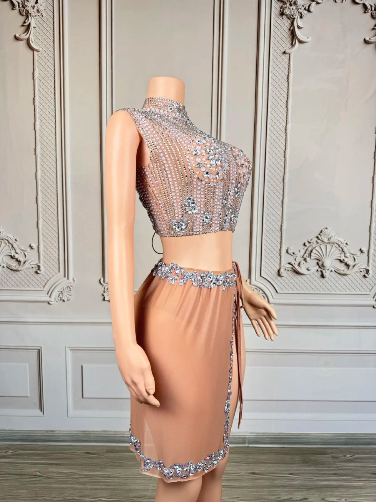 Sparkly Rhinestone Crop Tops Mini Skirt 2Pieces Set Festival Party Mesh Outfit Side Slits Bodysuit Event Dance Sexy Wear Luzhu