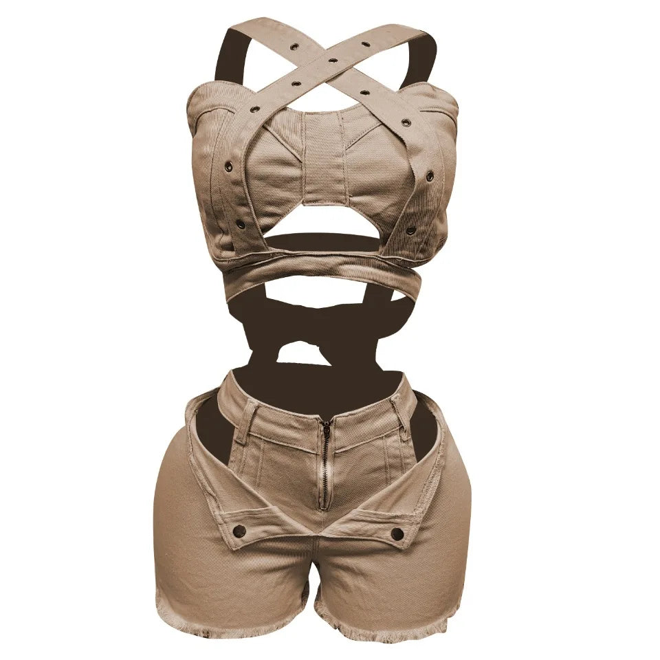 CM.YAYA Sexy Holiday Denim Women's Set Halter Neck Crop Tops and Ripped Out Shorts Jeans 2025 Summer Two 2 Piece Sets Outfit Camel