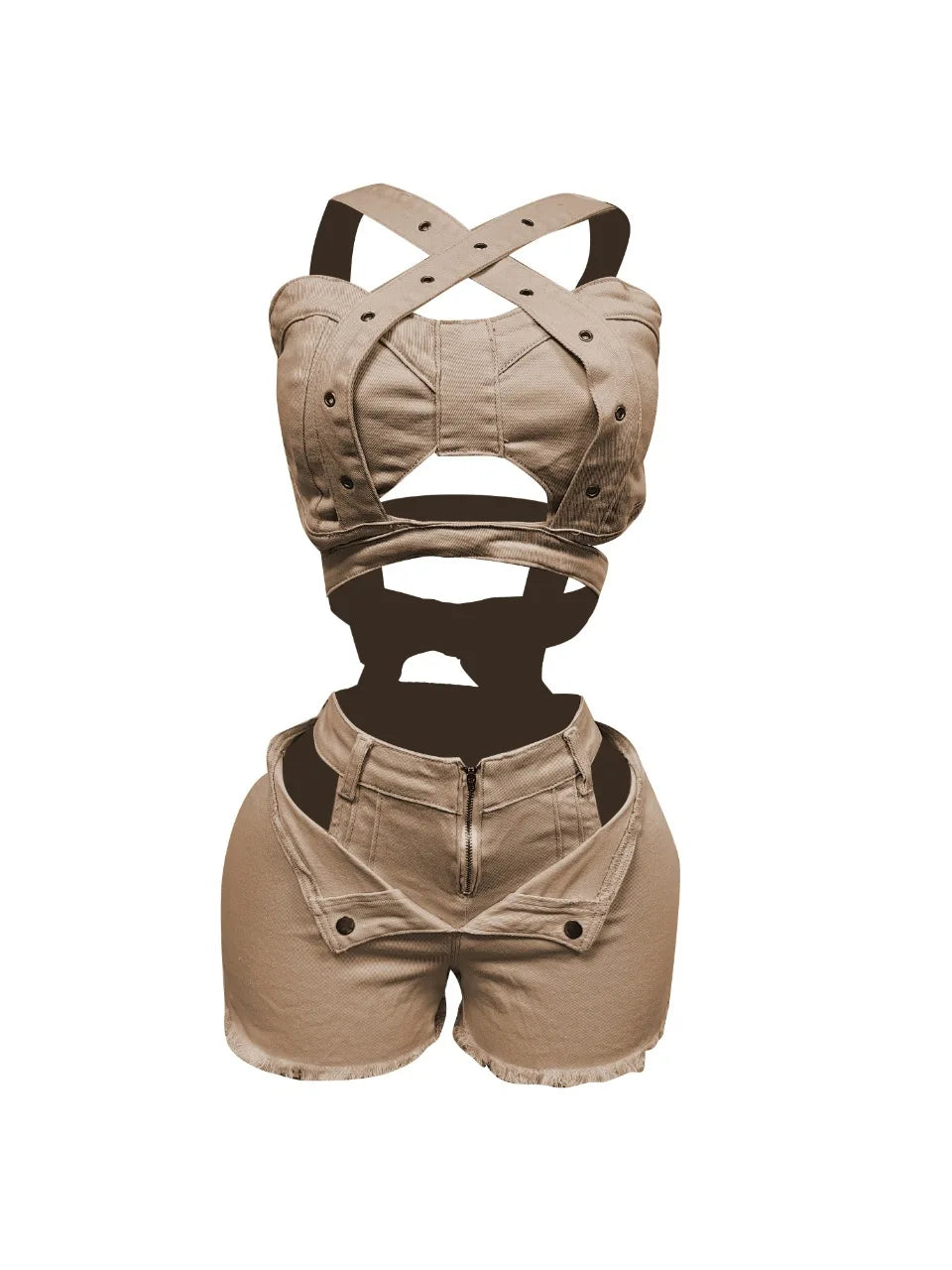 CM.YAYA Sexy Holiday Denim Women's Set Halter Neck Crop Tops and Ripped Out Shorts Jeans 2025 Summer Two 2 Piece Sets Outfit Camel