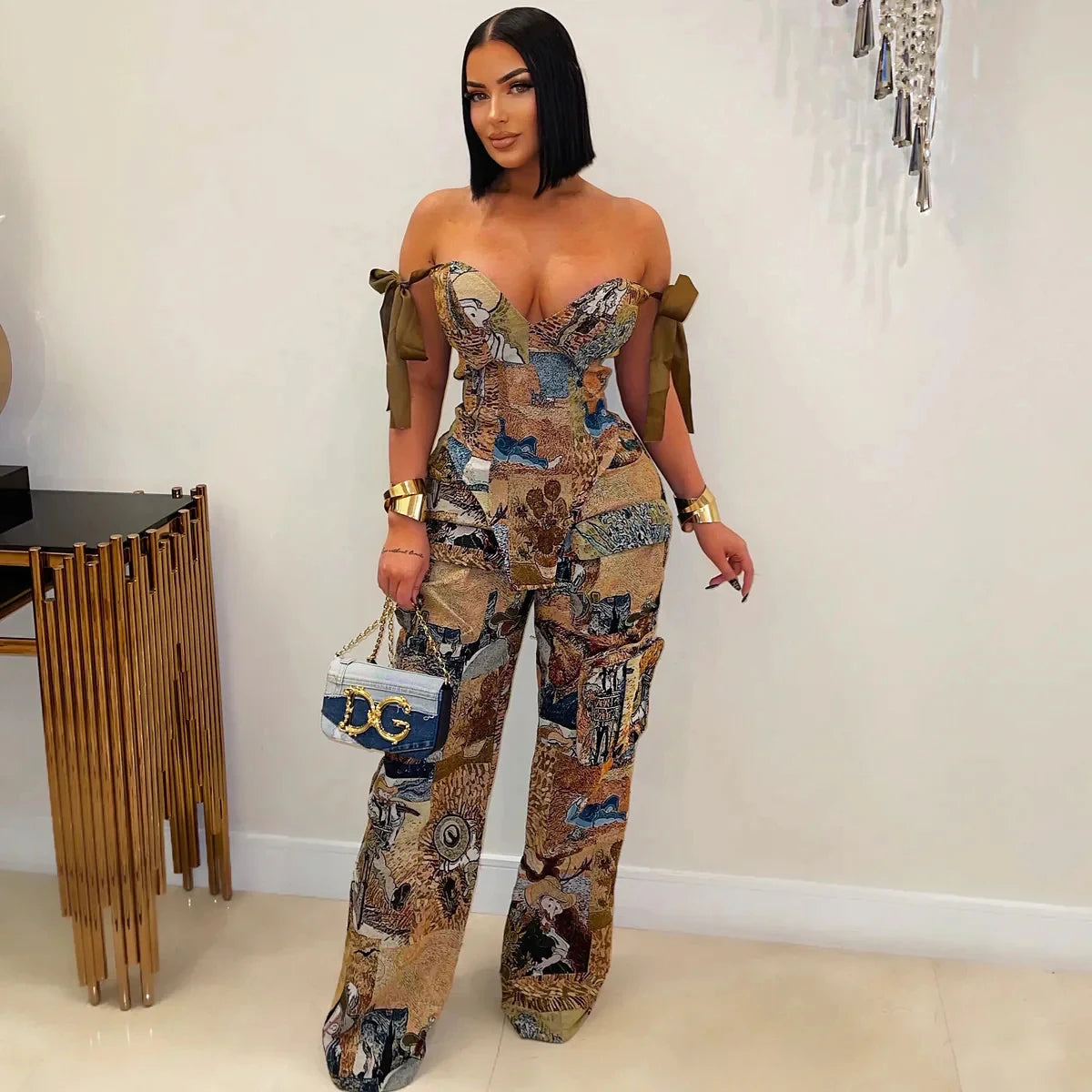 CM.YAYA Oil Painting Printed Women's Set Lace Up Back Crop Top and Pants Suit 2024 Fall Winter Two 2 Piece Sets Outfit Tracksuit