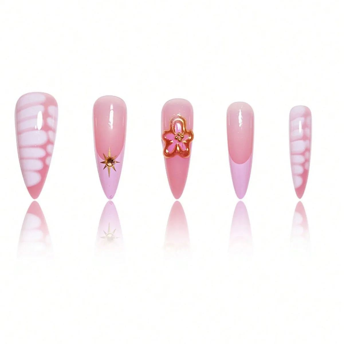 24pcs Pink French Press on Nails Spice Girl 3d Flowers Decor False Nails Wearable Reusable Crocodile Print Almond Fake Nail Tips