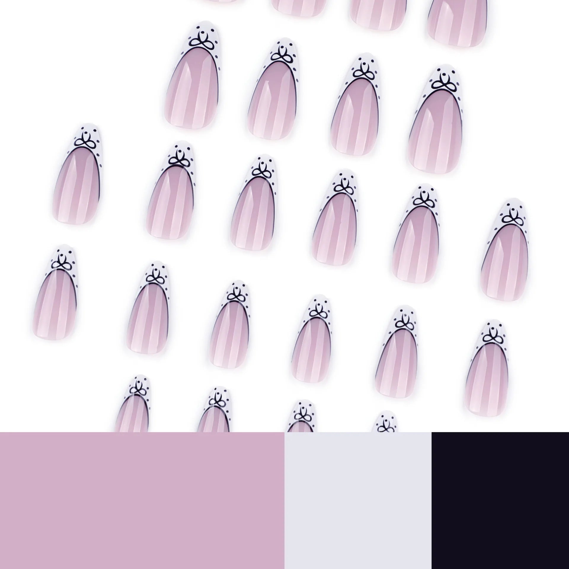 24pcs Short Almond Press on Nails French Black Bow Dot Print False Nails Wearable Reusable Spicy Girl Korean Fake Nails