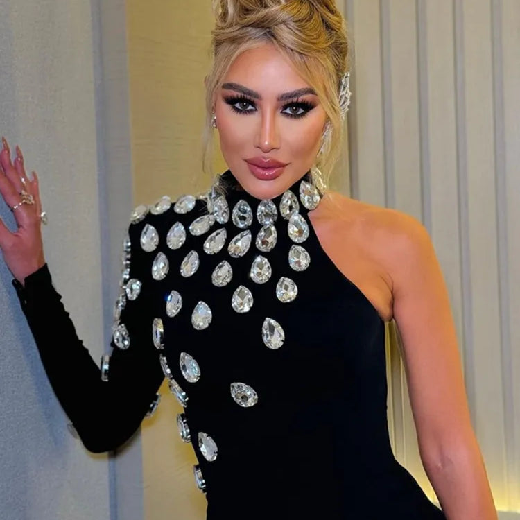 Women Celebrity Sexy Single Sleeve Rhinestone Black Maxi Long Bodycon Bandage Dress Elegant Evening Club Party Dress