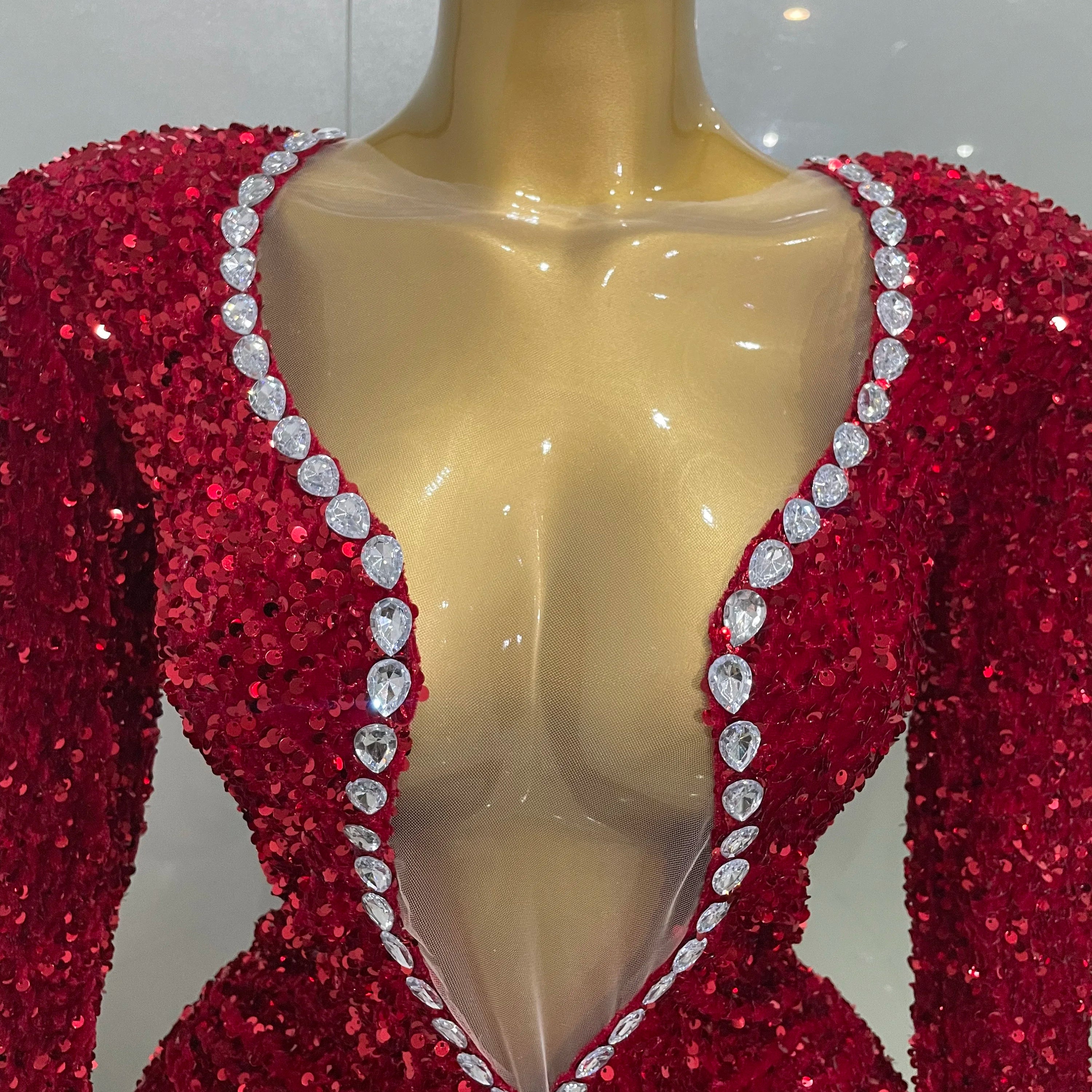 Sexy Shiny Red Sequins Rhinestones Sheath Mini Dress 2025 New Women Evening Birthday Party Nightclub Stage Performance Costume