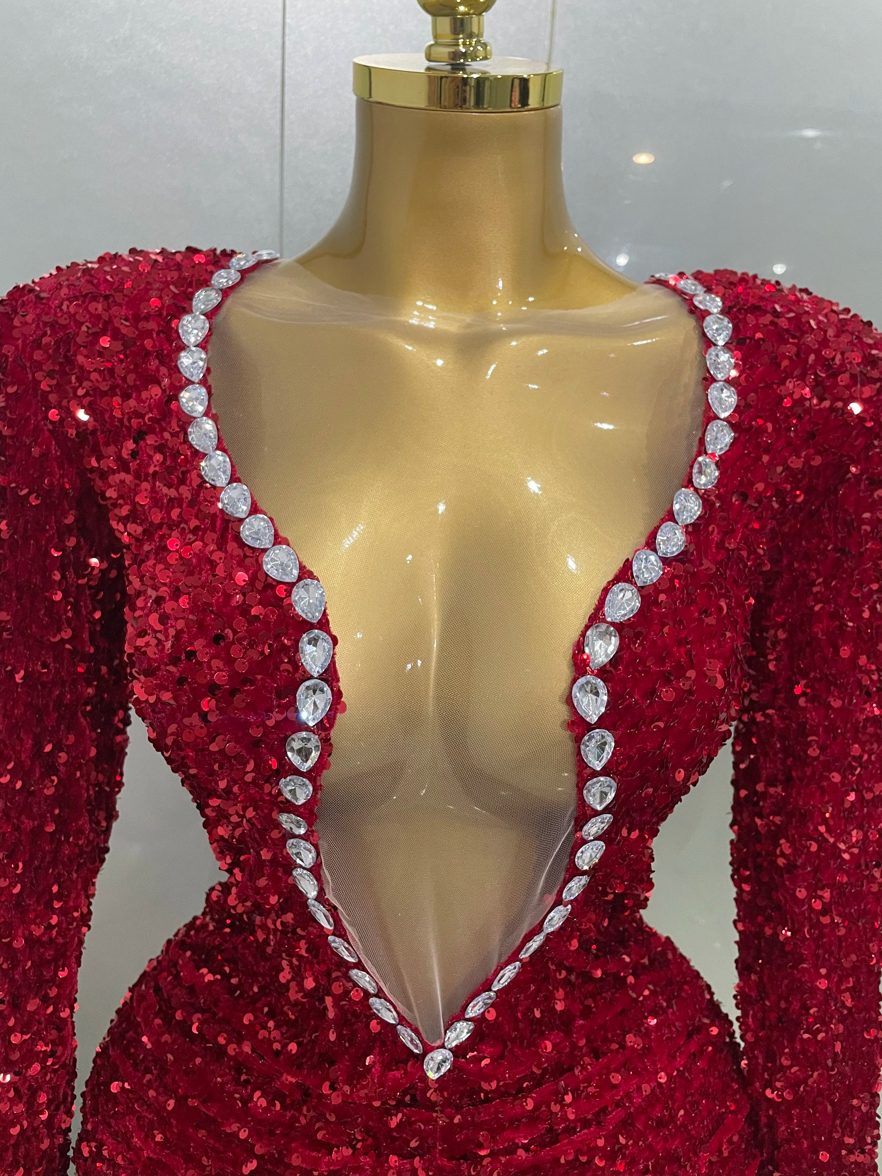 Sexy Shiny Red Sequins Rhinestones Sheath Mini Dress 2025 New Women Evening Birthday Party Nightclub Stage Performance Costume