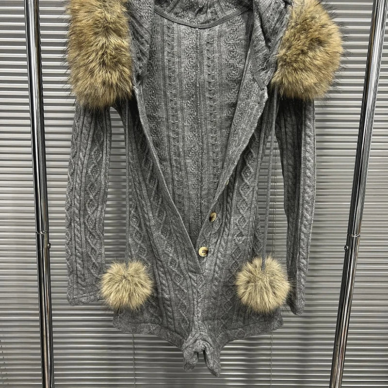 Autumn Winter New Fashion Hooded Slim Fit Long Sleeve Sweater Jumpsuit For Women Single-breasted Romper 11A07819