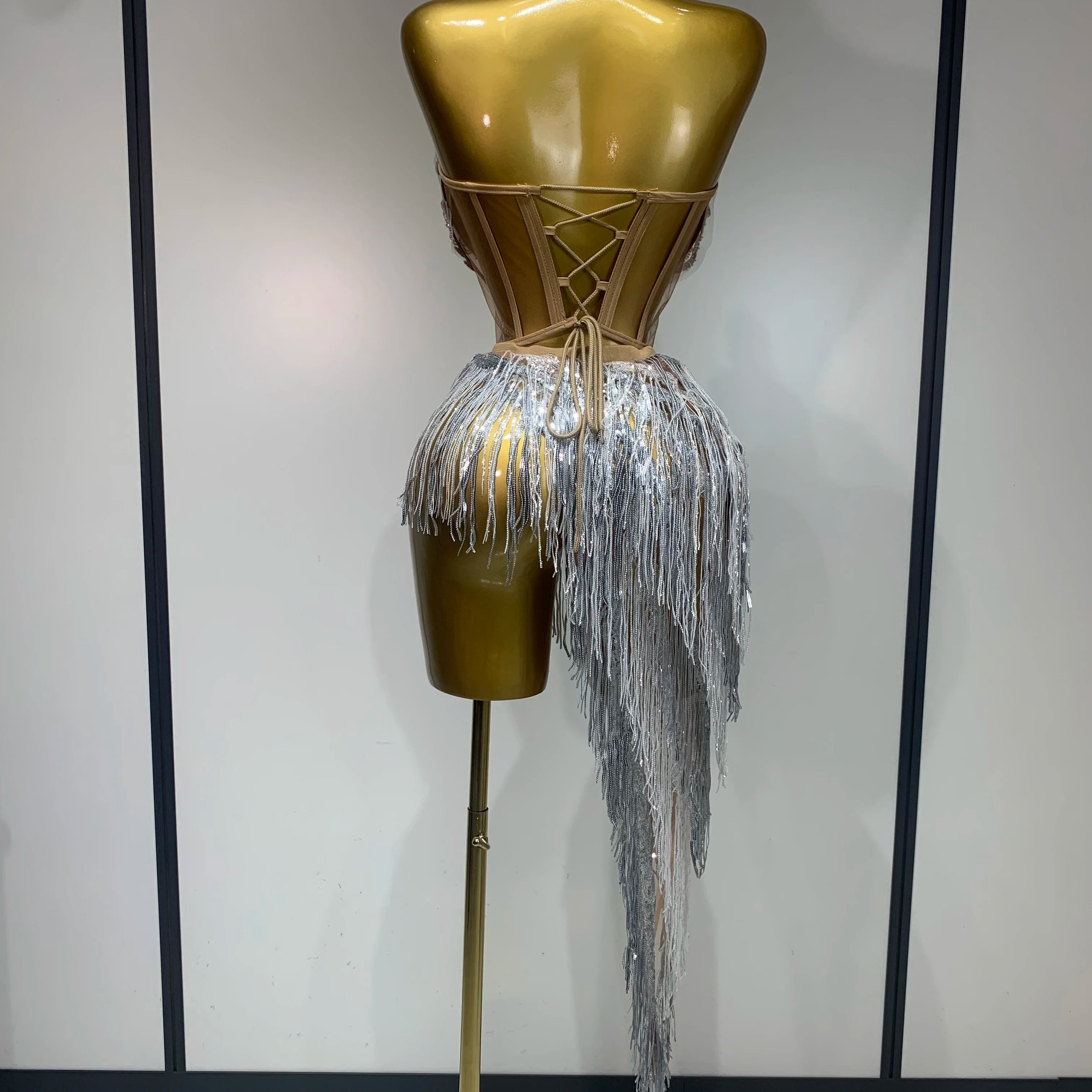 Women Sexy Singer Dancer Performan Costume Nightclub Bar Girl Sparkly Diamond Tassel Two Piece Set Evening Party Birthday Outfit