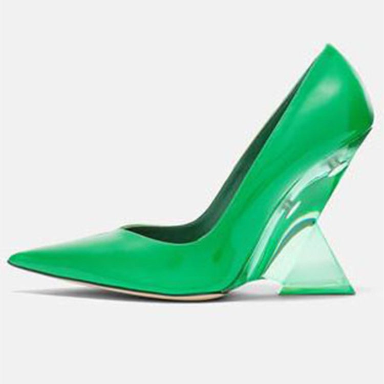 Summer New High Heels Thick Sole Thick Heel Lacquer Leather Shallow Mouth Pointed Fashion Sexy Women's Oversized Shoes S49 green
