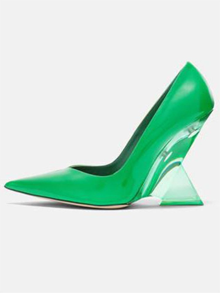 Summer New High Heels Thick Sole Thick Heel Lacquer Leather Shallow Mouth Pointed Fashion Sexy Women's Oversized Shoes S49 green