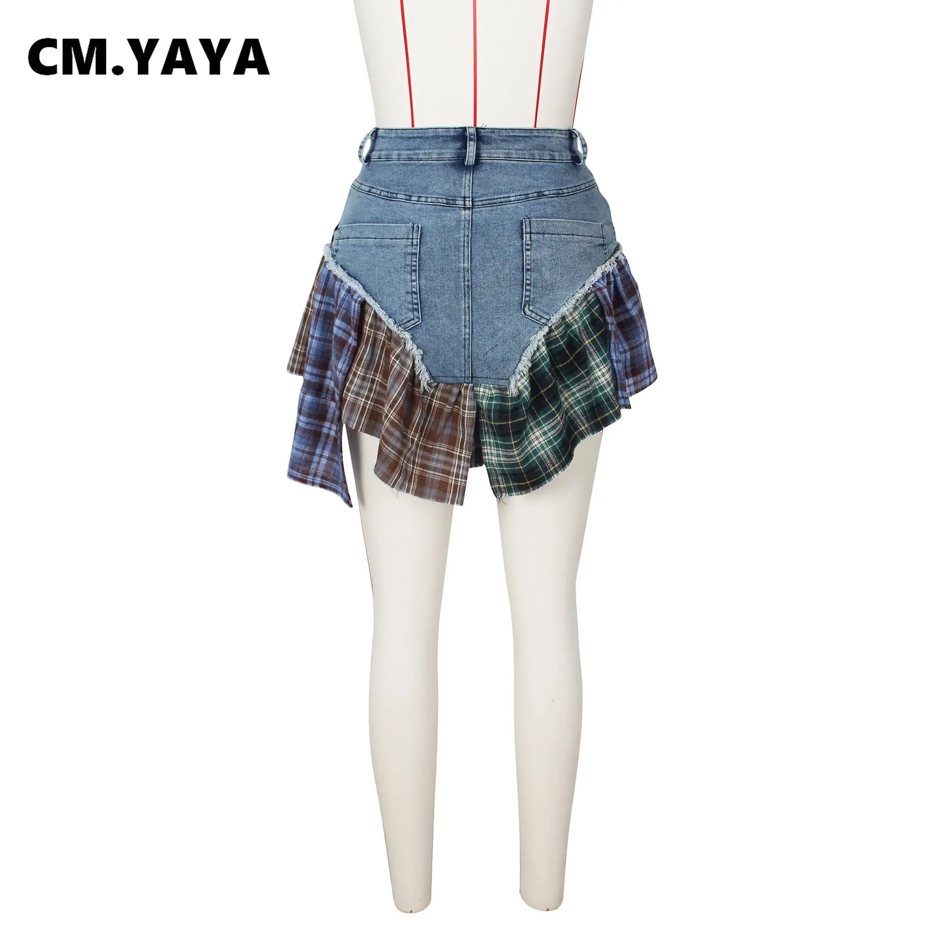 Women Fashion Plaid Denim Patchwork Streamer Irregular A-line Mini Skirt 2023 Street Female Classic Jeans Cargo Skirts
