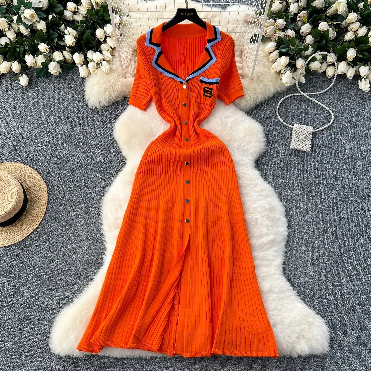 YuooMuoo Summer Women Knitted Long Dress Brand Fashion Turn-down Collar A-line Sweater Dress Elegant Lady Office Dress Robe