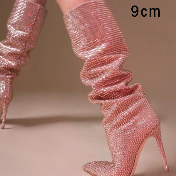 Women's New European and American Fashion Show Starry Sky High-heeled Rhinestone Pointed Nightclub Four Seasons Boots pink 9cm