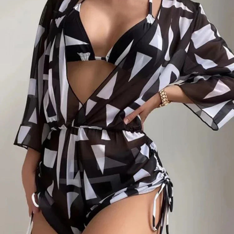 3 Pieces Bikini Tropical Print Swimsuit Halter Drawstring Side Swimwear Women 2023 Bathing Suit Female Swimming Summer Beachwear