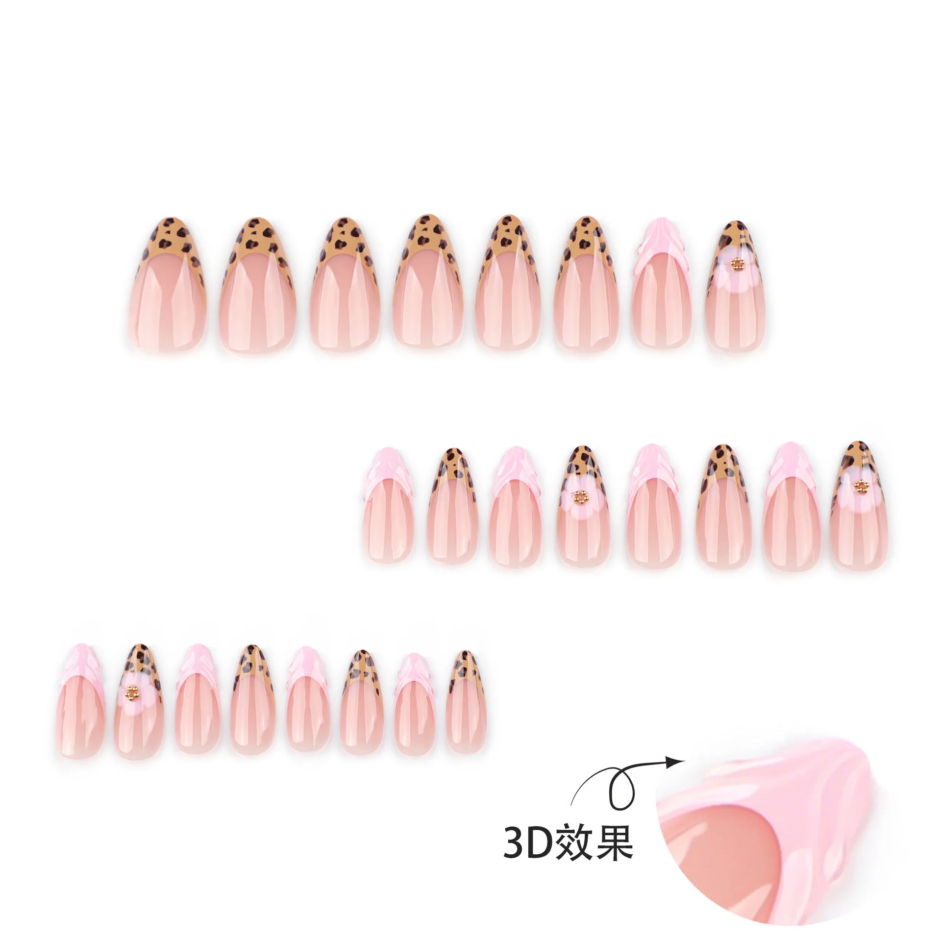 24pcs Leopard Print French False Nails Pink Flower Decor Press on Nails Wearable Reusable Sweet Cool Almond Fake Nail Tips