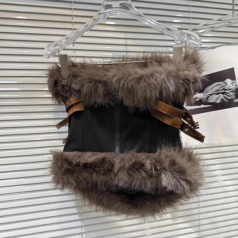 Winter New Fashion Furry Patchwork Suede Outerwear Camisole Vest For Women Backless Outwear Tank Top Female 11A07578