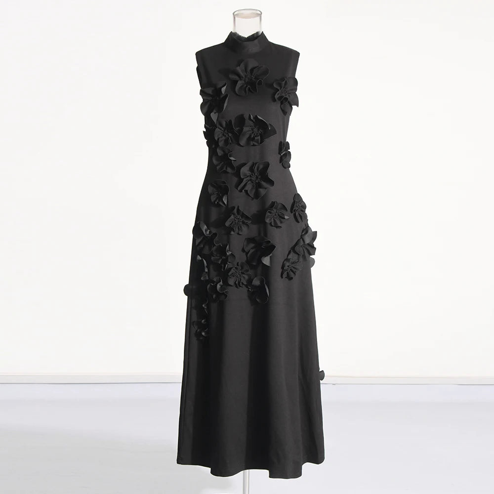 Patchwork Appliques Chic Dress For Women Stand Collar Sleeveless High Waist Spliced Lace Up Elegant Dresses Female BLACK