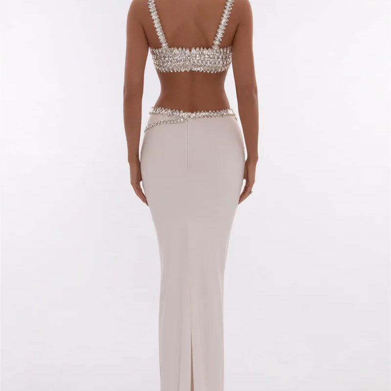 Sparkling Diamonds Woman Set Spaghetti Strap Top And Ankle Lenght Skirt 2 Pieces Evening Party Vestido Beach Vocation Outfit