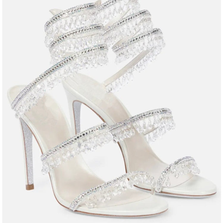 Women's New Rhinestone Sandals Fashion Tassel Crystal Shoes Sexy Nightclub Banquet Party Twining Stiletto Women's Sandals white