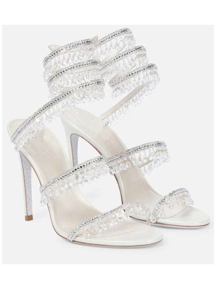 Women's New Rhinestone Sandals Fashion Tassel Crystal Shoes Sexy Nightclub Banquet Party Twining Stiletto Women's Sandals white
