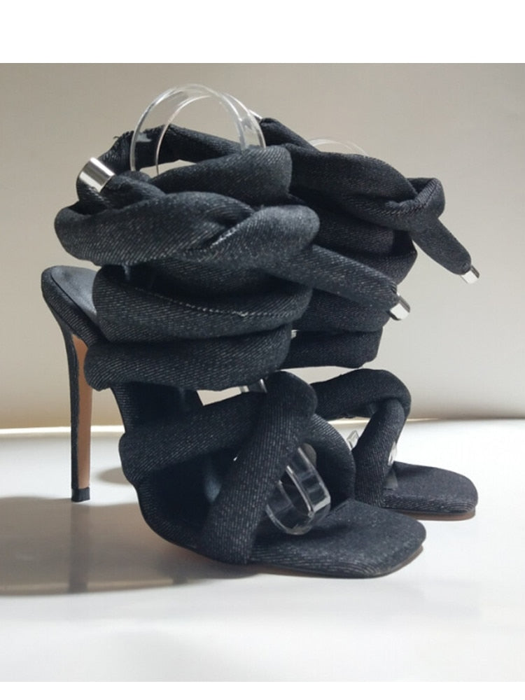 Summer New Square Head Slim High Heel Sandals Wrapped Around The Feet Fashion Show Dress 43 Large Women's Sandals black jeans