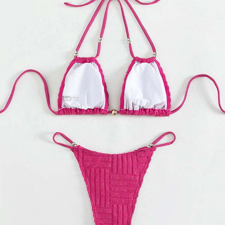 Pink Tied Hollow Halter Bikini Sexy High Cut Thong Swimsuit - Swimwear Biquinis Push UP Beach Bathing Suit