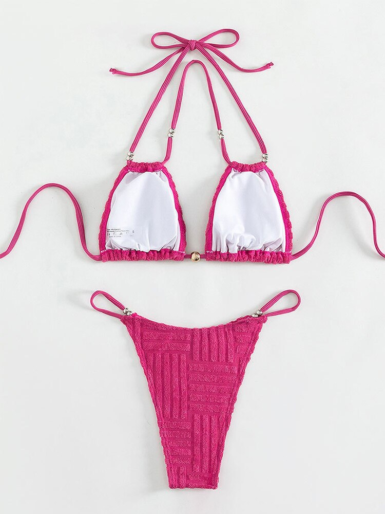 Pink Tied Hollow Halter Bikini Sexy High Cut Thong Swimsuit - Swimwear Biquinis Push UP Beach Bathing Suit