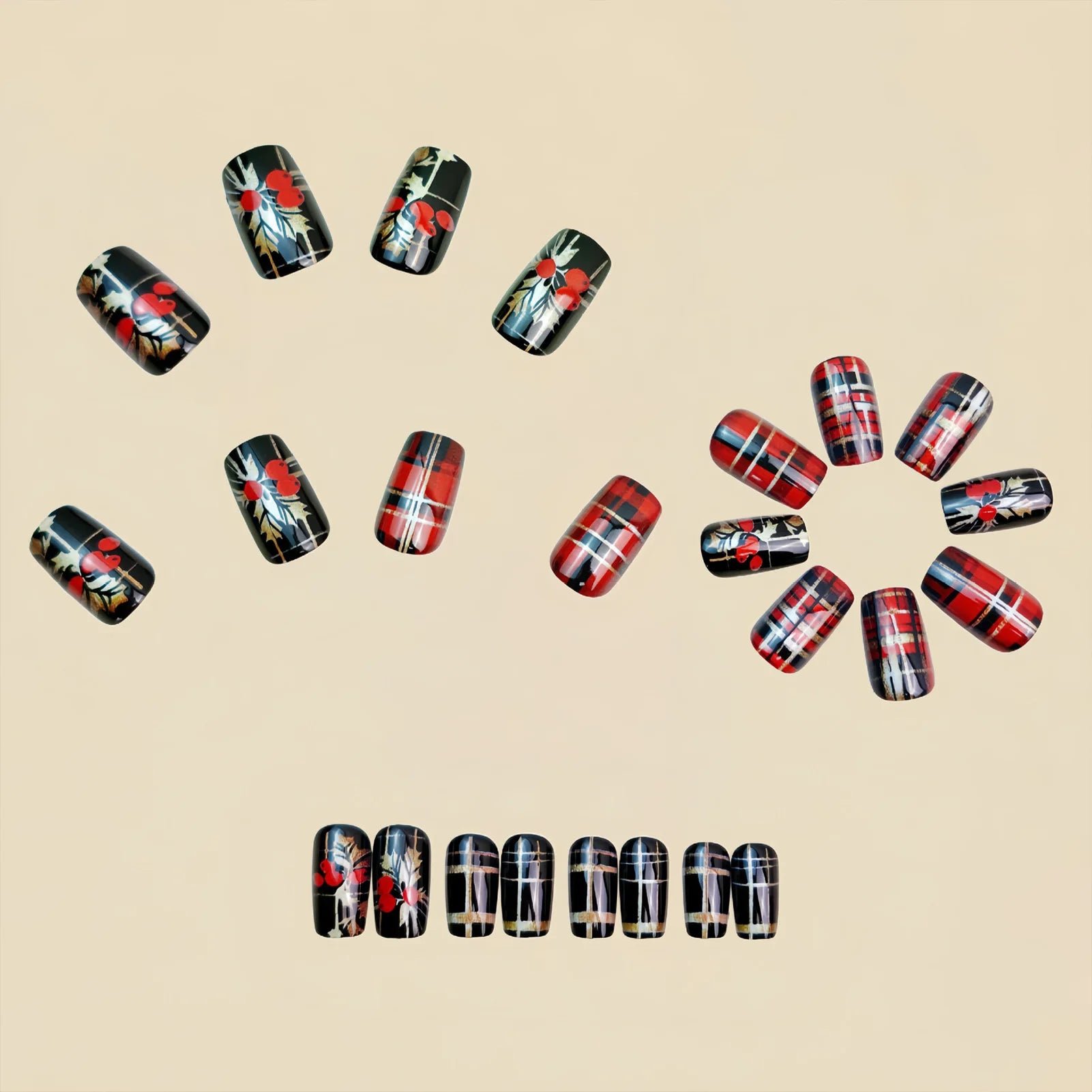 24Pcs Christmas Fake Nails Red/Gold/Black Striped Designs Short Square Press On Nails For Women New Year Party Charm Manicure