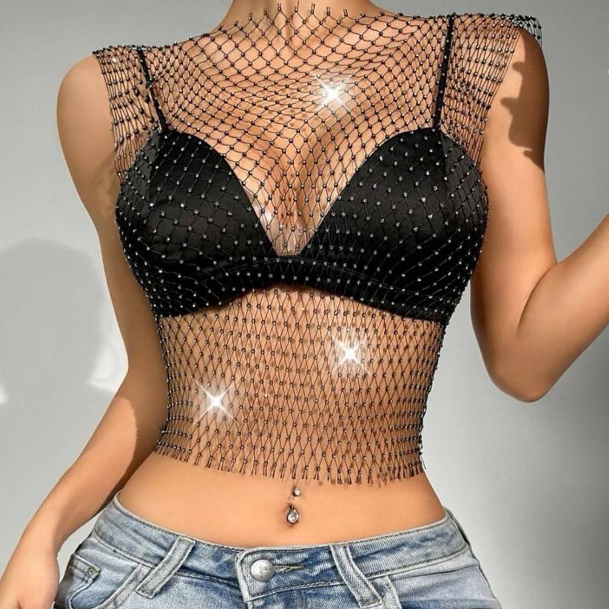 Women's Fishnet Rhinestone Crop Top 2024 Summer Sexy Mesh High Elastic Black White Shirt Net See Through Rave Diamond Tank Top