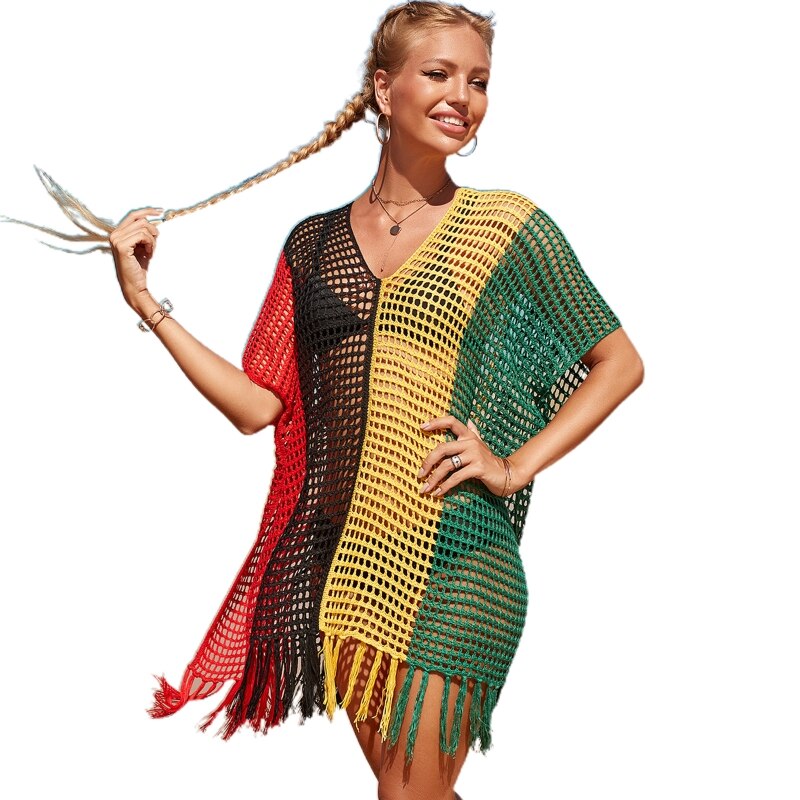 Swimsuit Cover Beach Cover Up Crochet Iridescence Knitted Beachwear Long Pareos Sexy Beach Dress Black yellow