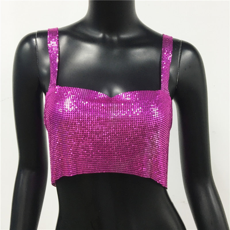 Sexy Metal Sequin Tank Top For Women y2k Summer Beach Backless Crop Top Rave Festival Club Outfits Camisole Red One Size