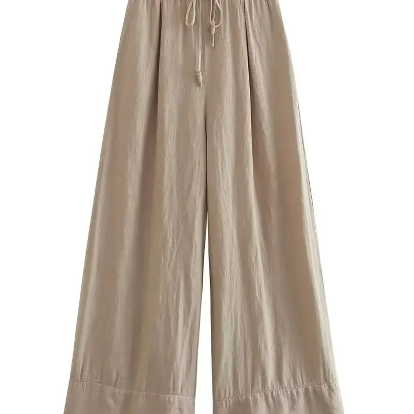 KONDALA Streetwear Khaki Linen Suits Women Sleeveless Halter Sexy Crop Tops Women+High Waist Wide Leg Pants Fashion Sets Khaki Pants