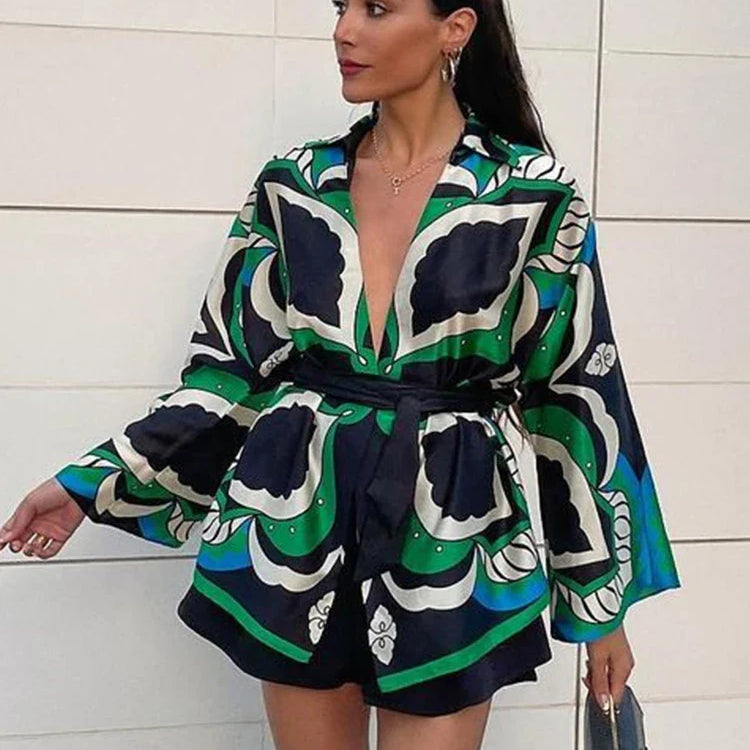 Foridol Oversized Green Print Boho Women Shorts Sets Shirts Shorts Pants Three Pieces Fashion Suits Matching Sets Summer