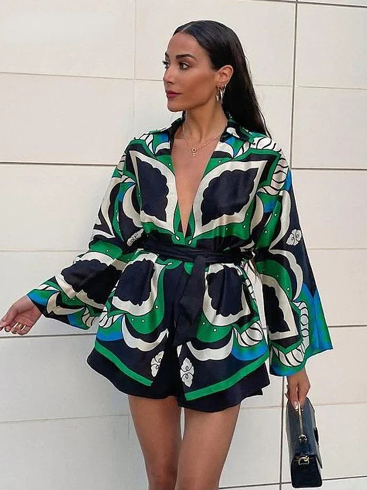 Foridol Oversized Green Print Boho Women Shorts Sets Shirts Shorts Pants Three Pieces Fashion Suits Matching Sets Summer