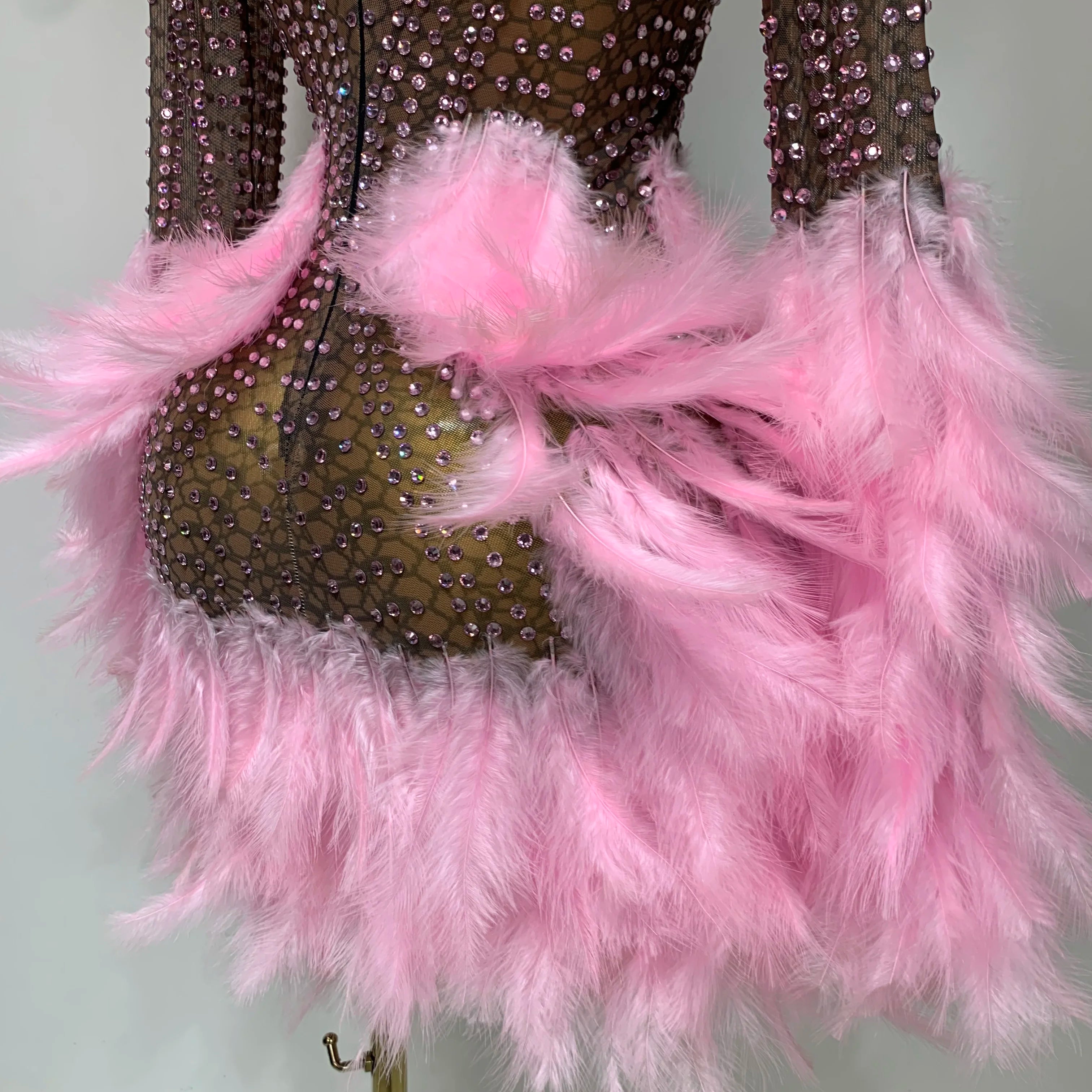 Women Luxury Birthday Dress Rhinestones Mesh Feathers Bodycon Mini Celebrity Evening Club Party Dress Nightclub Stage Outfit