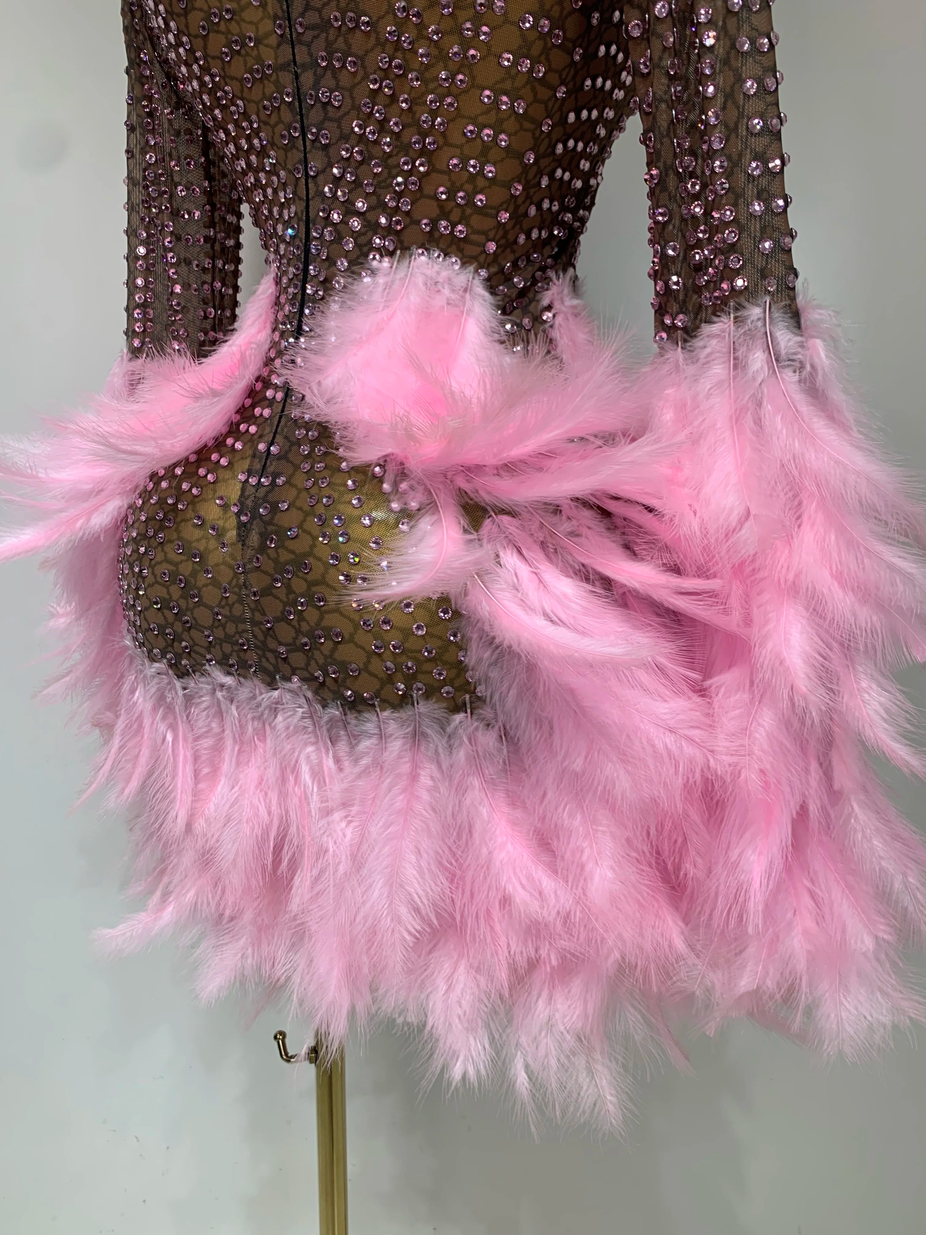 Women Luxury Birthday Dress Rhinestones Mesh Feathers Bodycon Mini Celebrity Evening Club Party Dress Nightclub Stage Outfit
