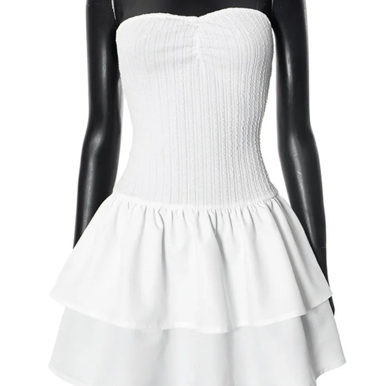 Mozision Off-shoulder Strapless Sexy Mini Dress For Women White Spaghetti Strap Sleeveless High Waist A-line Cake Dress Vestido