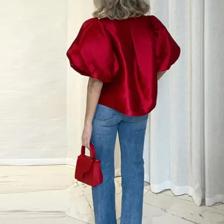 Satin Elegant Shirts Women White Lantern Short Sleeve O-neck Loose Female Blouses Spring Summer Lady Tops Chic Streetwear