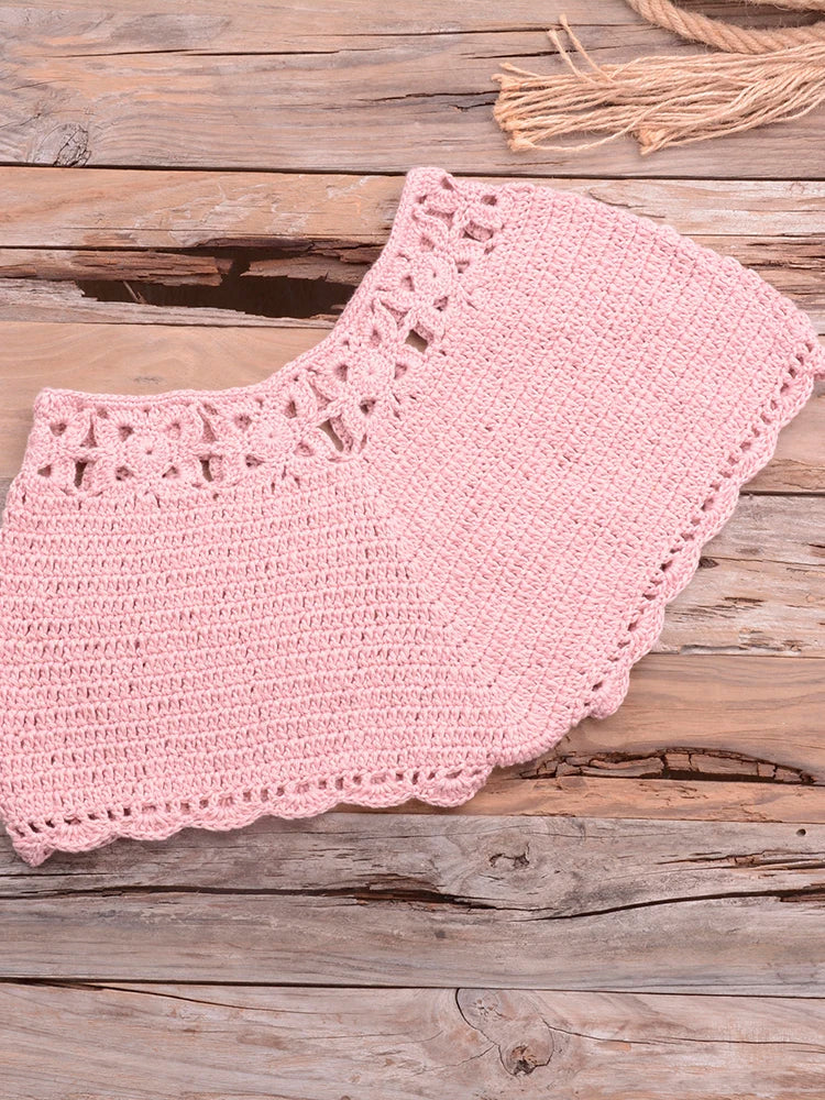 Bikini 2022 knitting Swimsuit Crochet Bikini Bohemia Style Off Shoulder High Neck Bathing Beach Bikinis Handmade Crochet Bikini Pink Bottom