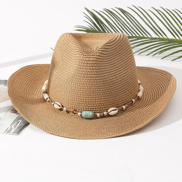 Wholesale Women Pink Tassel Cowboy Hat Floppy Beach Hats Summer Straw Hats Ladies UV Protection Hat Panama Sun Hat camel 2