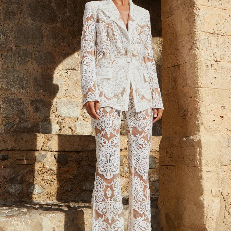 2023 White Lace Fashionable Woman Set Sexy See Through Suit Coat And Flare Pants 2 Pieces Evening Party Outfit